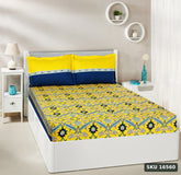 Yanchi Imperial Trail 144 TC Cotton Double Bedsheet with 2 Pillow Covers, Yellow and Navy Blue - SKU 16560