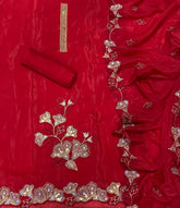Premium Glass Organza Suit Set with Pearl & Zari Thread Work(Heavy Cutwork Dupatta)