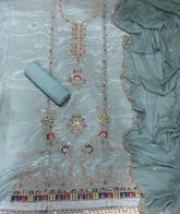 Fancy Glass Organza Suit Set with Heavy Zari Thread & Stone Work - Yanchi