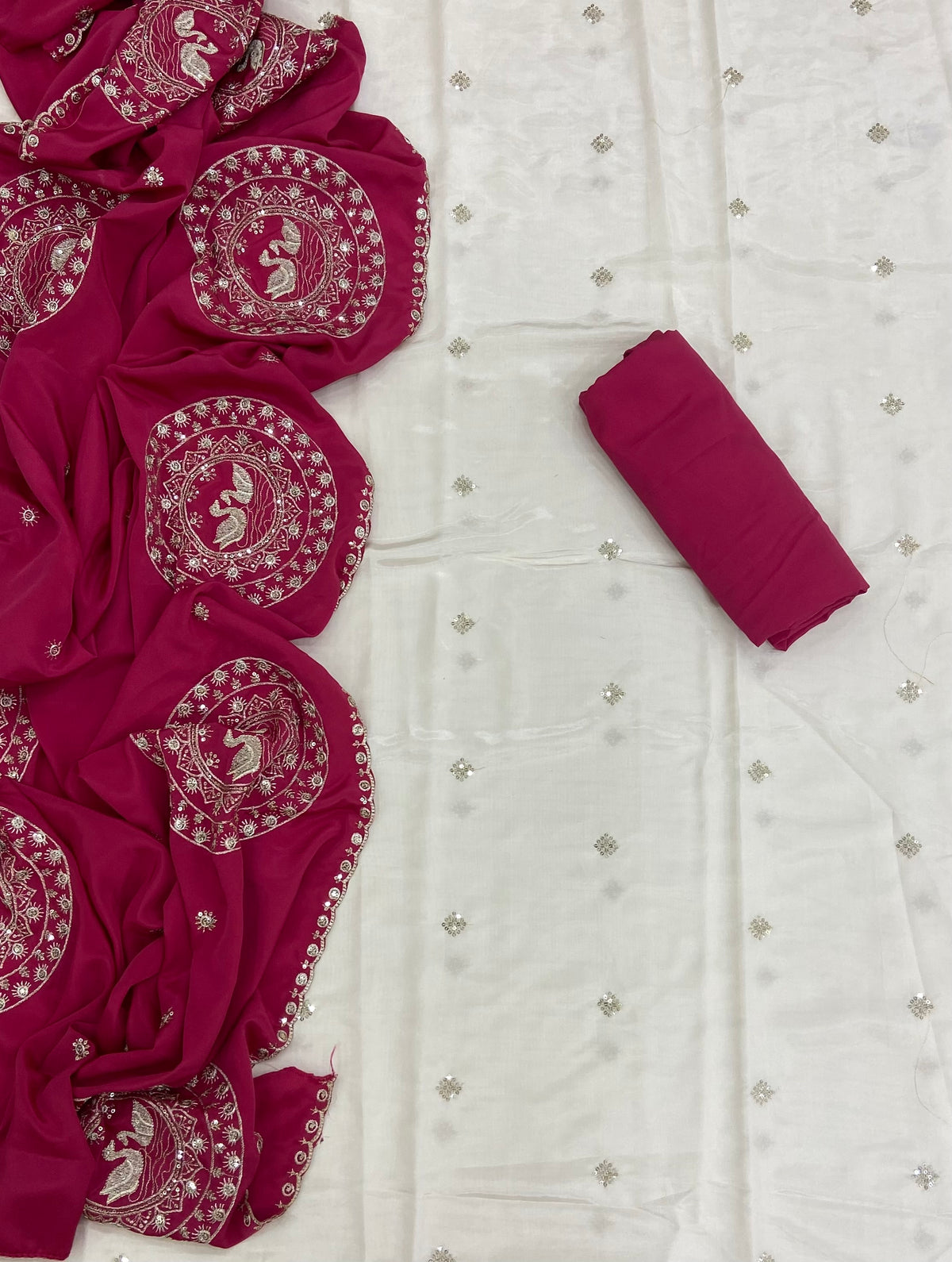 Classy Glass Organza Suit Set with Stone & Zari Thread Work