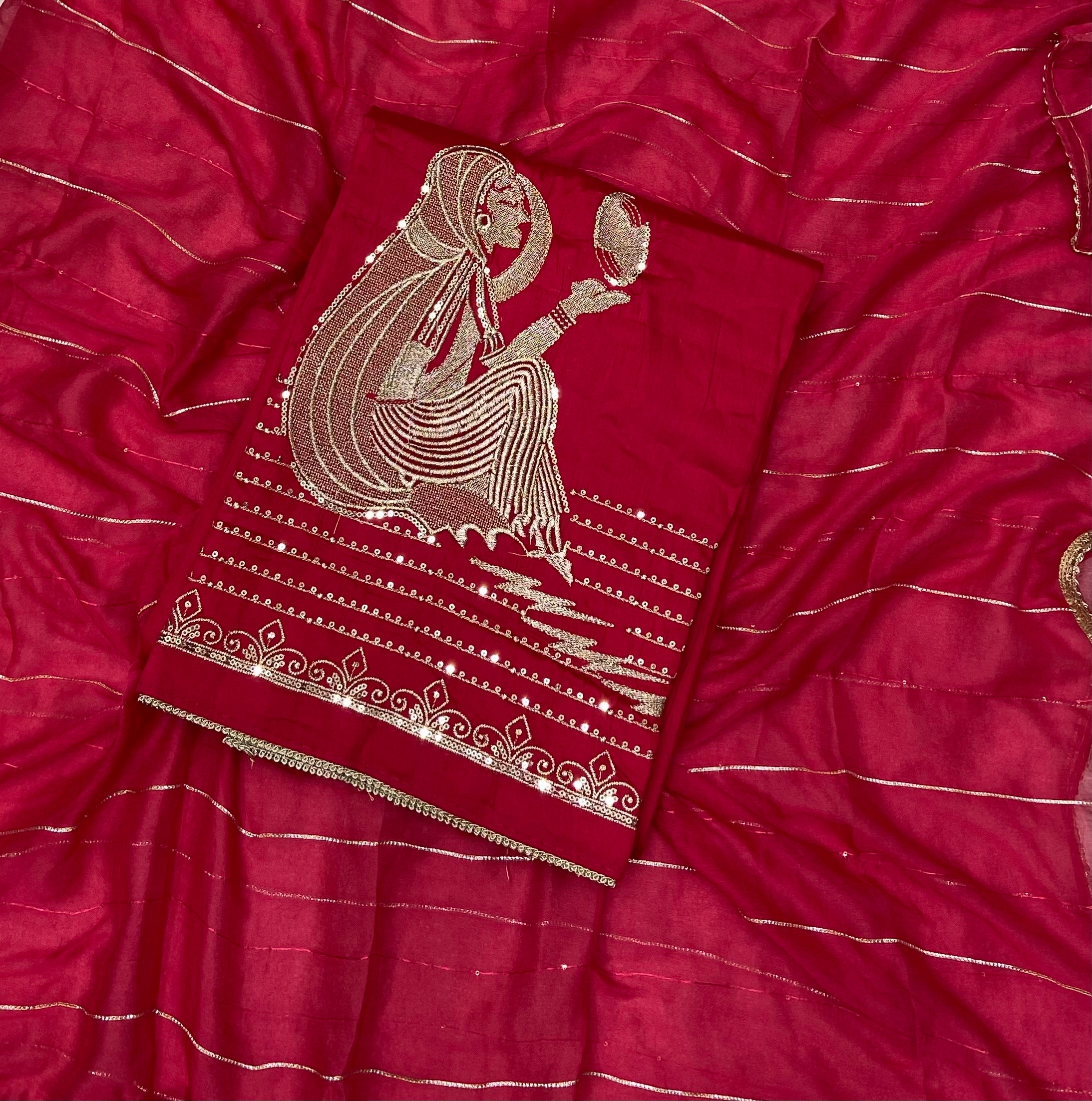 Karwa Special Red Organza Heavy Sequins & Thread Work Suit Set