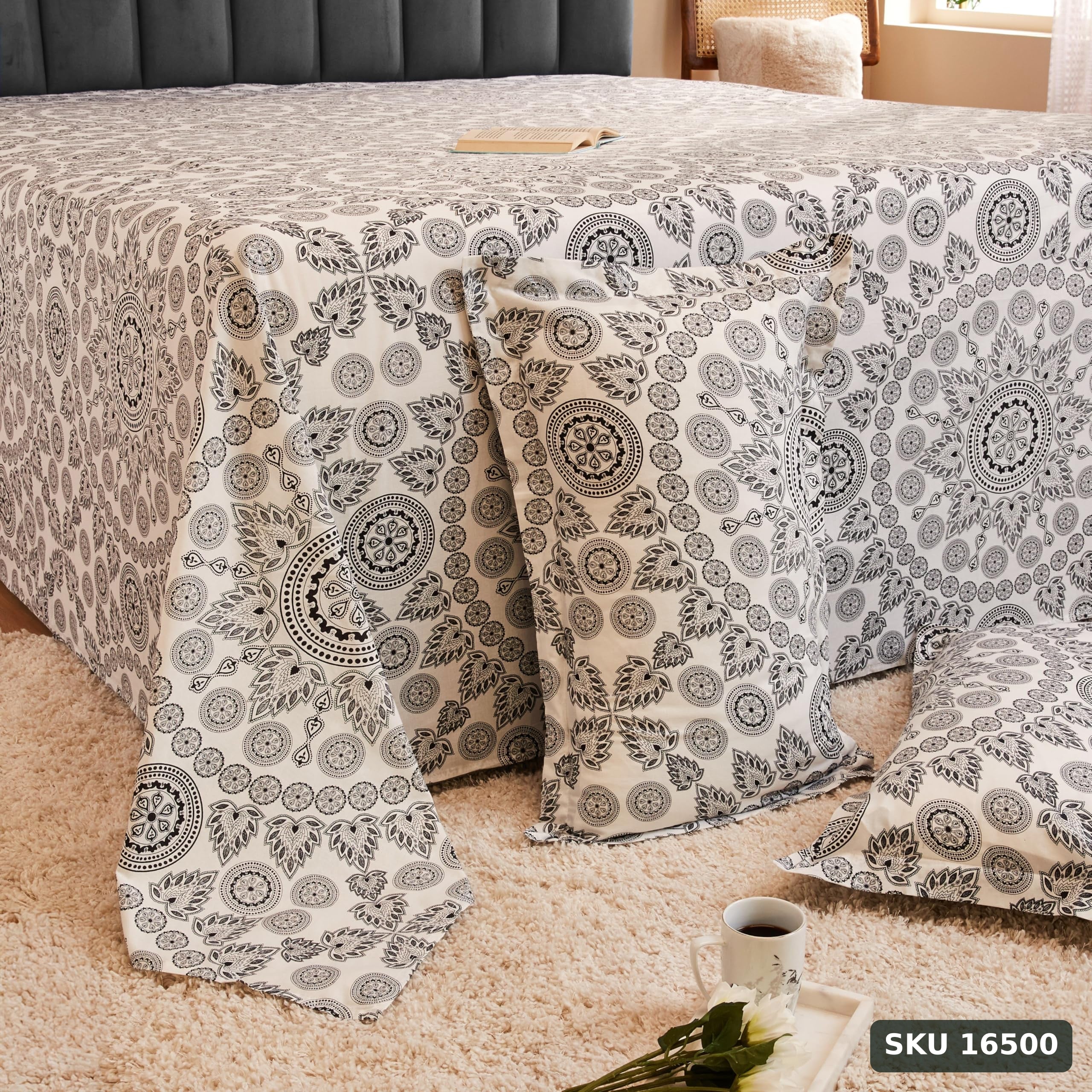 Yanchi Damask Fantasy 144 TC 100% Cotton Double Bedsheet with 2 Pillow Covers, White - SKU 16500