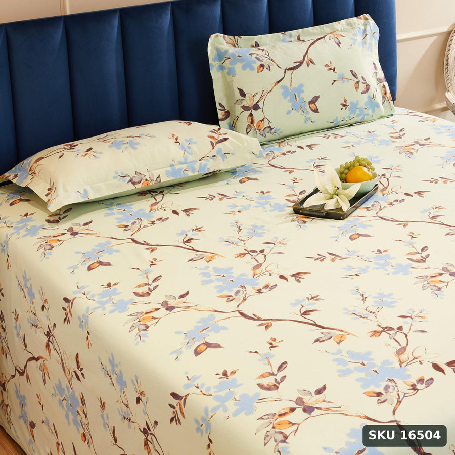 Yanchi Forest Bliss 144 Tc 100% Cotton King Size Bedsheet with 2 Pillow Covers, Light Green, Floral - SKU 16504