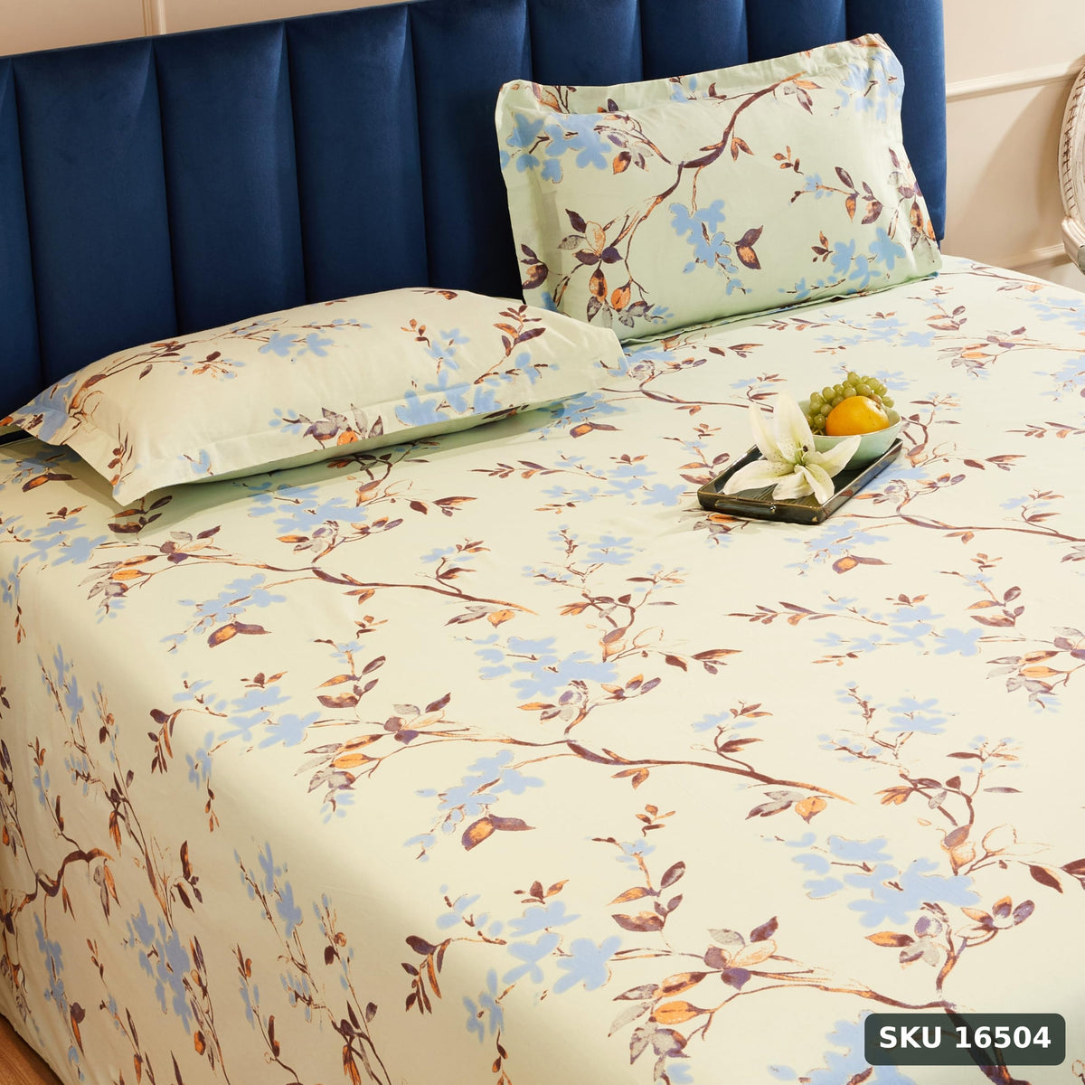 Yanchi Forest Bliss 144 Tc 100% Cotton King Size Bedsheet with 2 Pillow Covers, Light Green, Floral - SKU 16504
