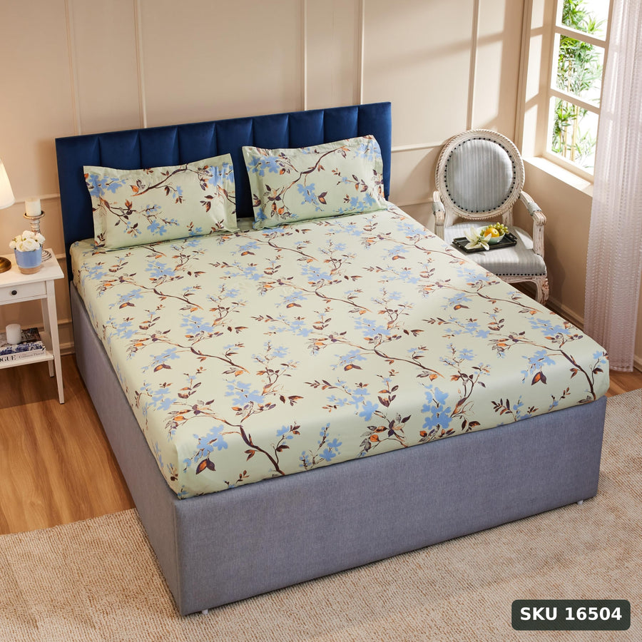 Yanchi Forest Bliss 144 Tc 100% Cotton King Size Bedsheet with 2 Pillow Covers, Light Green, Floral - SKU 16504