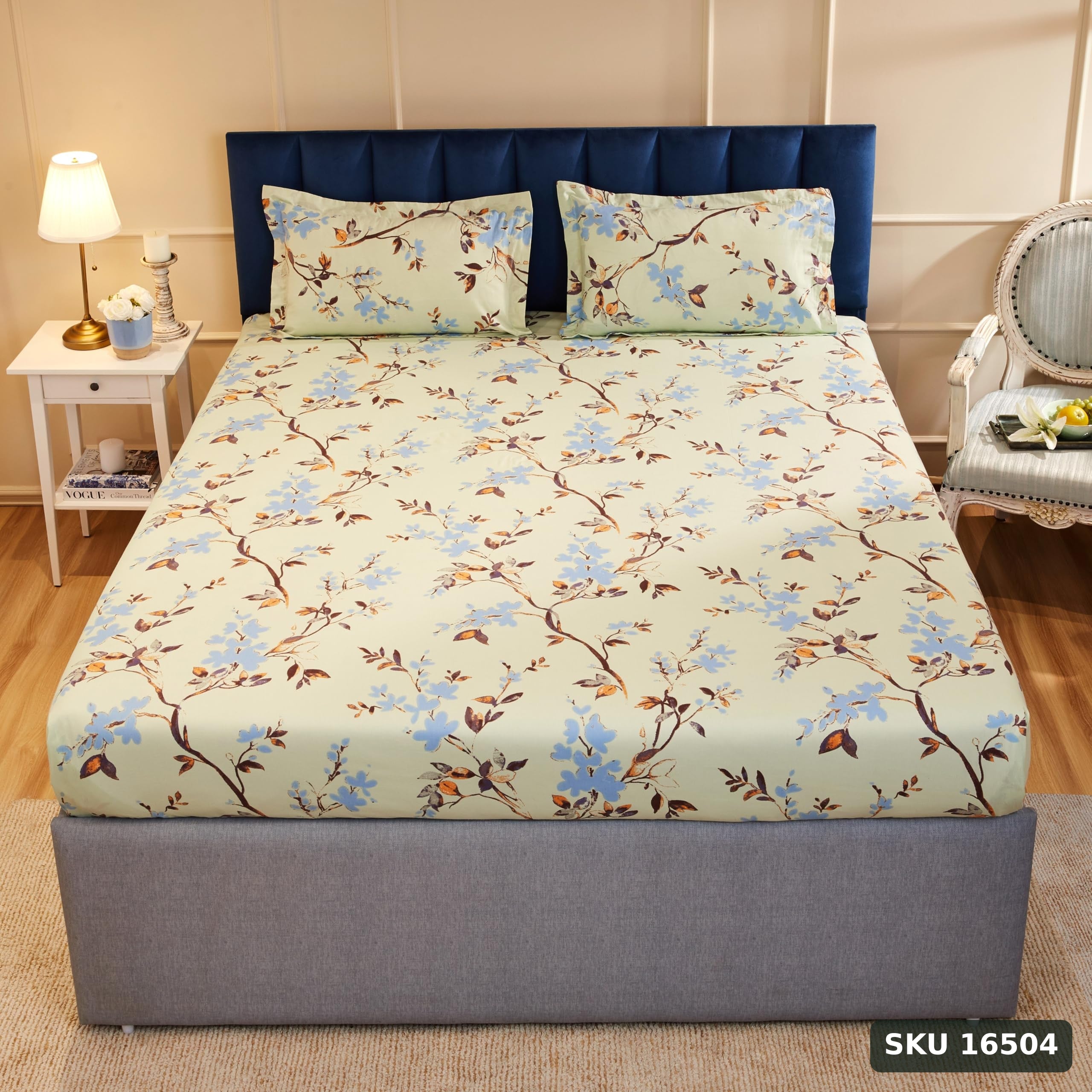 Yanchi Forest Bliss 144 Tc 100% Cotton King Size Bedsheet with 2 Pillow Covers, Light Green, Floral - SKU 16504