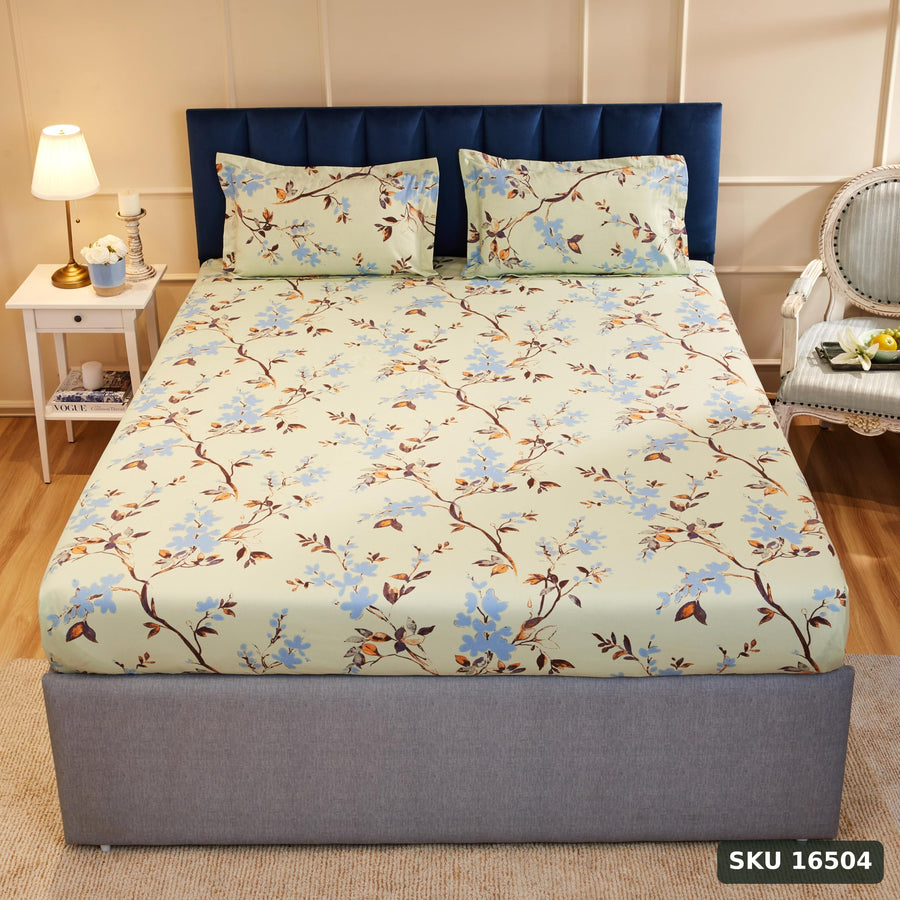 Yanchi Forest Bliss 144 Tc 100% Cotton King Size Bedsheet with 2 Pillow Covers, Light Green, Floral - SKU 16504