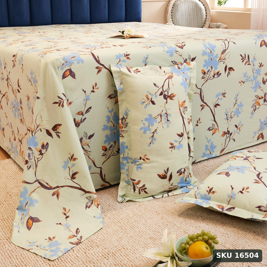 Yanchi Forest Bliss 144 Tc 100% Cotton King Size Bedsheet with 2 Pillow Covers, Light Green, Floral - SKU 16504
