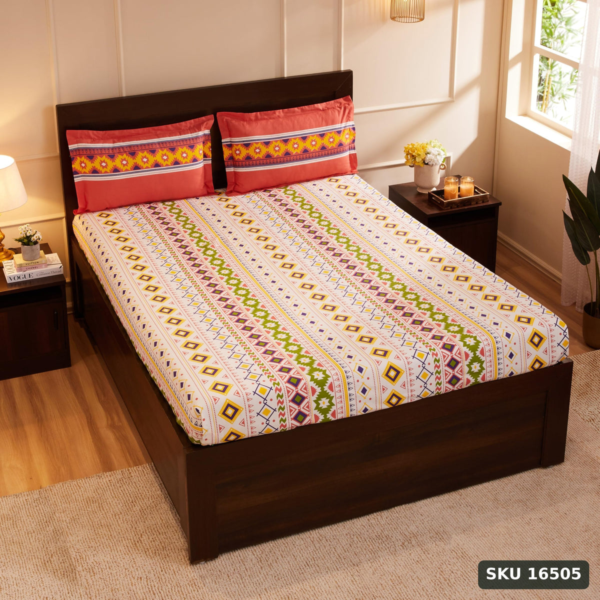 Amazon Brand - Solimo Rosy Dreams 144 TC 100% Cotton King Bedsheet with Two Pillow Covers, Soft and Smooth (Geometric, Pink) - SKU 16505