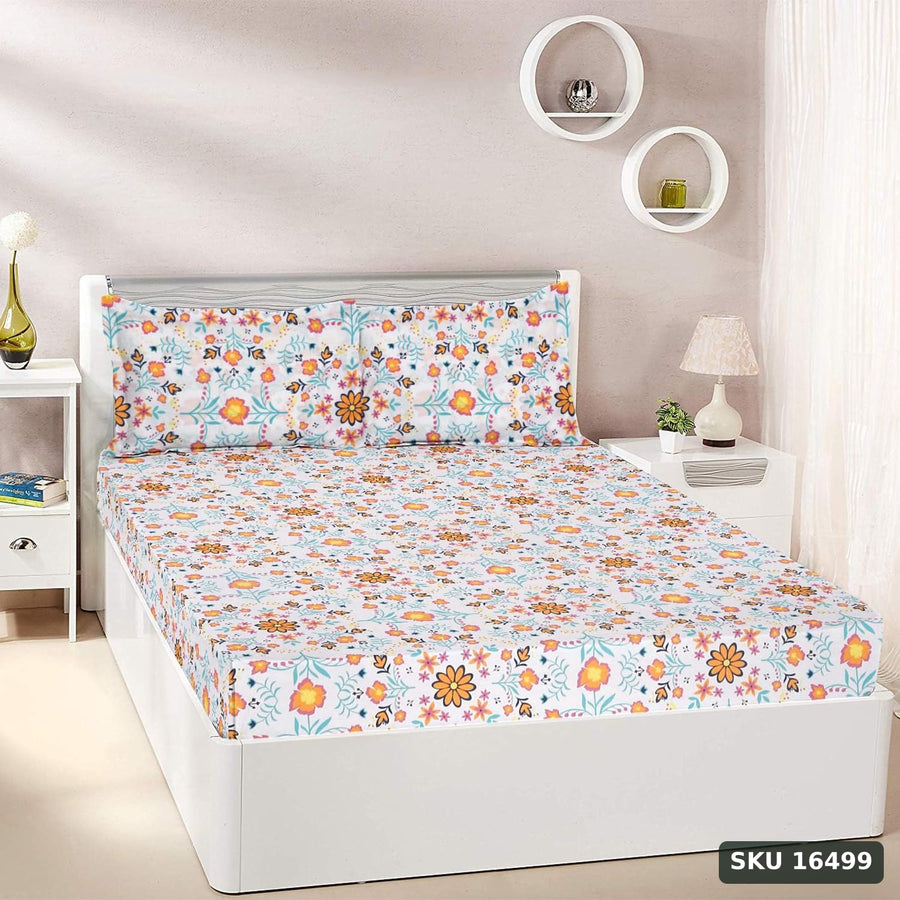 Yanchi Floral Haven 144 TC 100% Cotton King Size Bedsheet with 2 Pillow Covers, Orange - SKU 16499