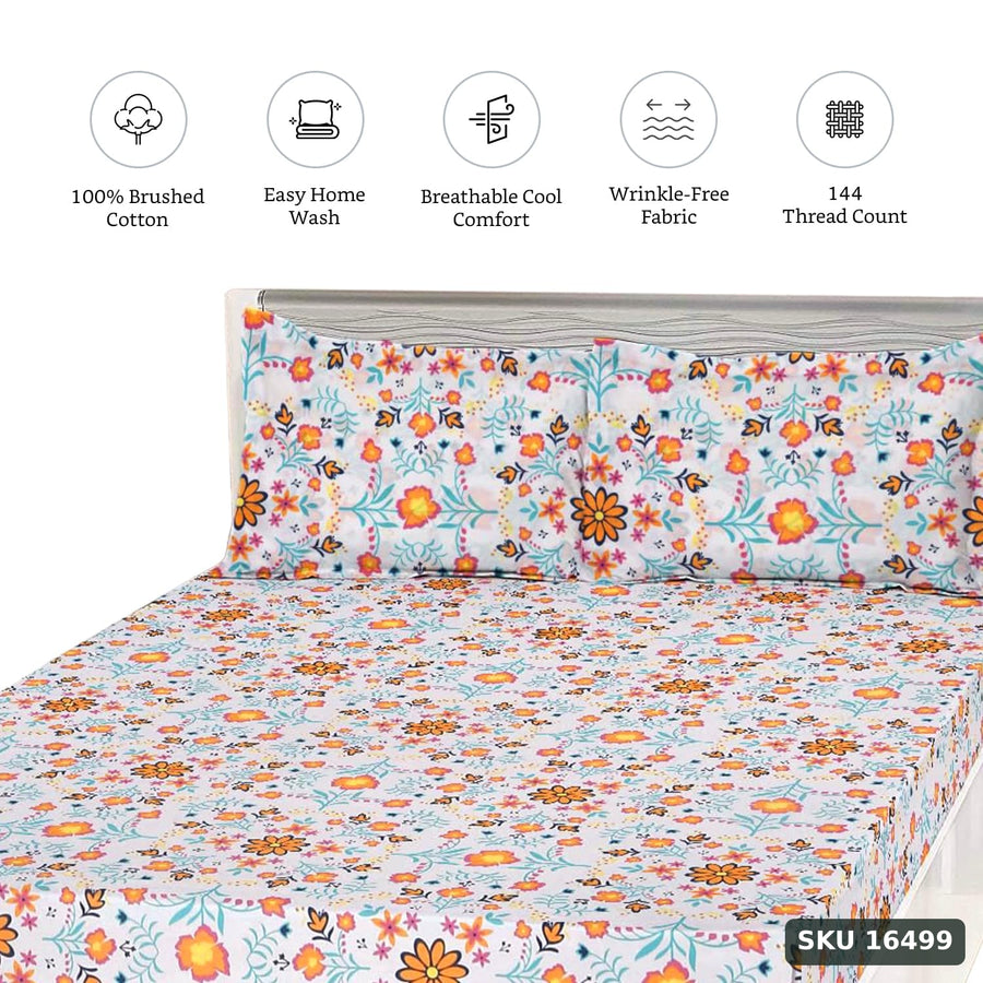 Yanchi Floral Haven 144 TC 100% Cotton King Size Bedsheet with 2 Pillow Covers, Orange - SKU 16499