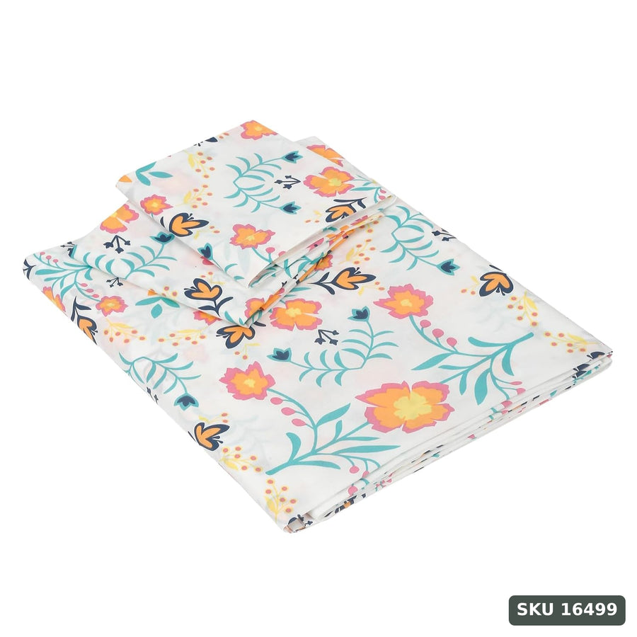Yanchi Floral Haven 144 TC 100% Cotton King Size Bedsheet with 2 Pillow Covers, Orange - SKU 16499