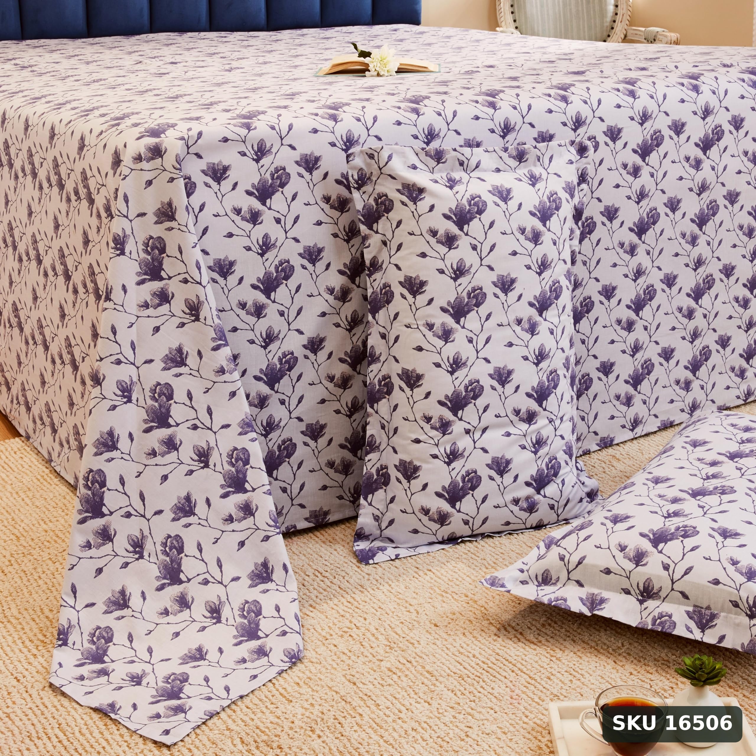 Yanchi Blissful Blue 144 Tc 100% Cotton King Size Bedsheet with 2 Pillow Covers, Aqua Blue, Abstract - SKU 16506