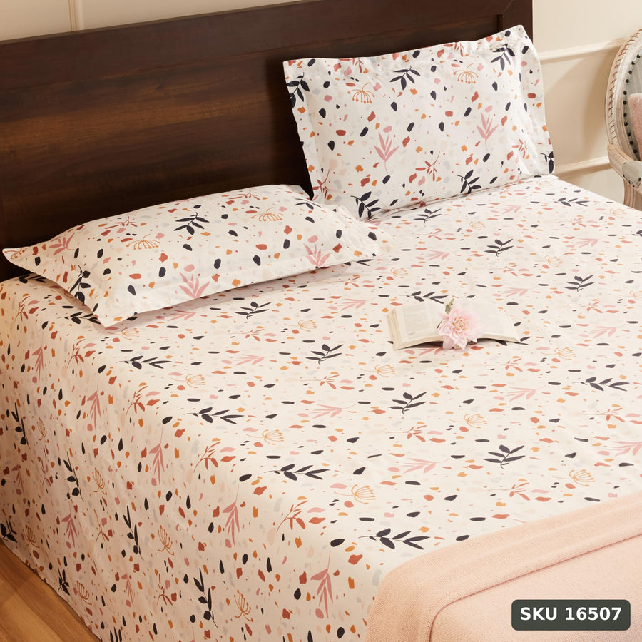 Yanchi Calico Meadow 144 Tc 100% Cotton King Size Bedsheet with 2 Pillow Covers, White, Abstract - SKU 16507