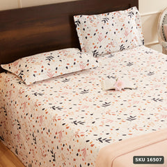 Yanchi Calico Meadow 144 Tc 100% Cotton King Size Bedsheet with 2 Pillow Covers, White, Abstract - SKU 16507