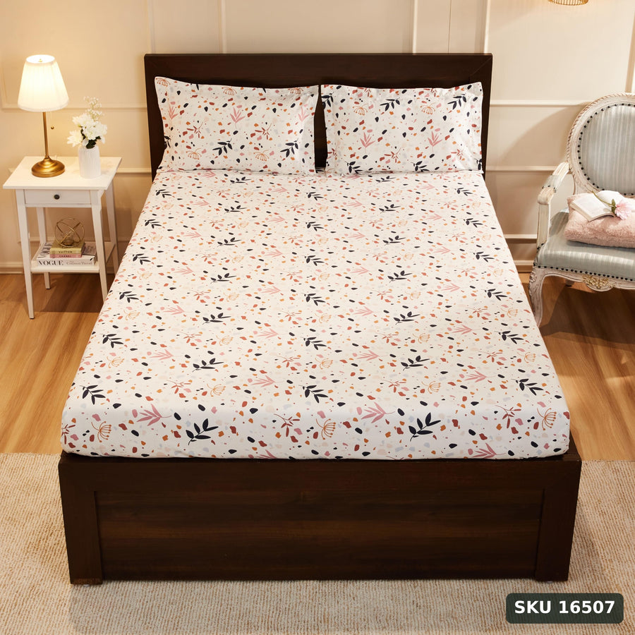 Yanchi Calico Meadow 144 Tc 100% Cotton King Size Bedsheet with 2 Pillow Covers, White, Abstract - SKU 16507