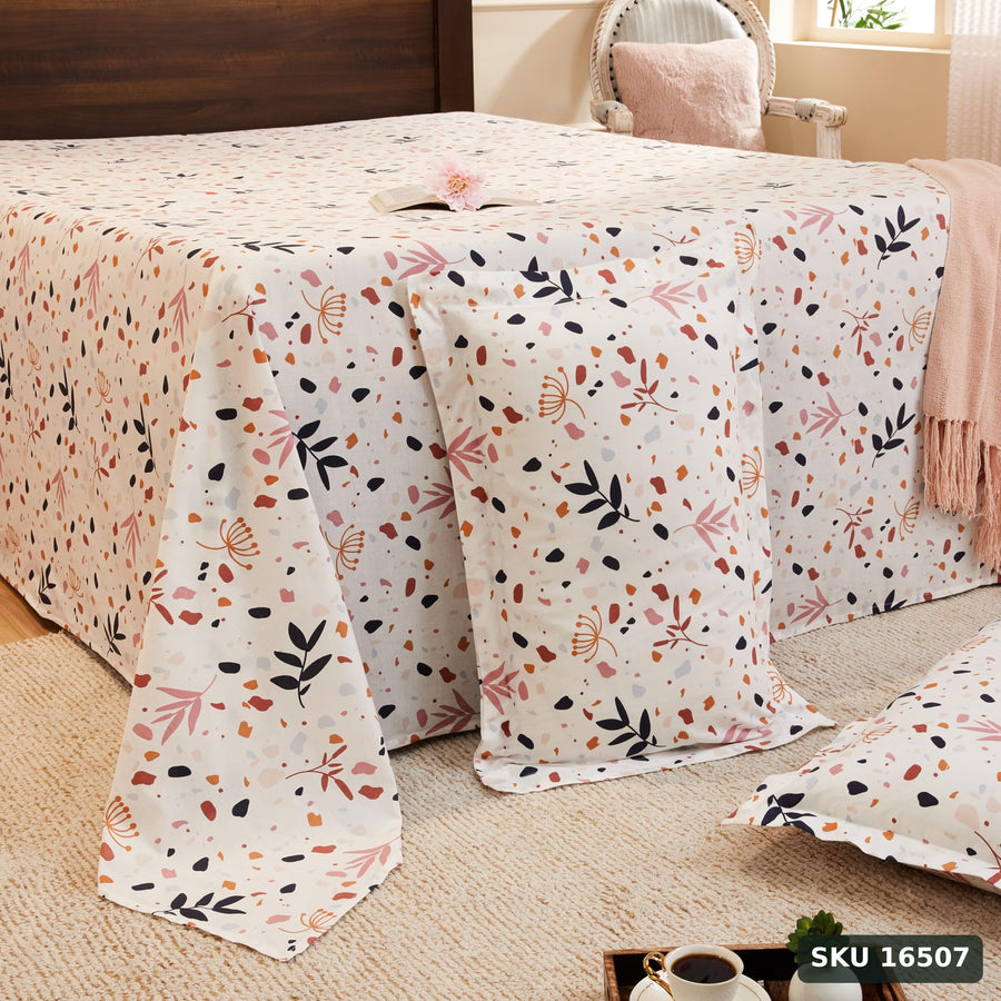 Yanchi Calico Meadow 144 Tc 100% Cotton King Size Bedsheet with 2 Pillow Covers, White, Abstract - SKU 16507