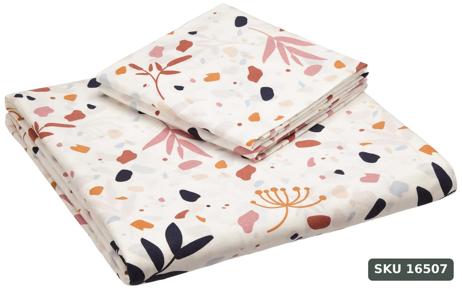 Yanchi Calico Meadow 144 Tc 100% Cotton King Size Bedsheet with 2 Pillow Covers, White, Abstract - SKU 16507