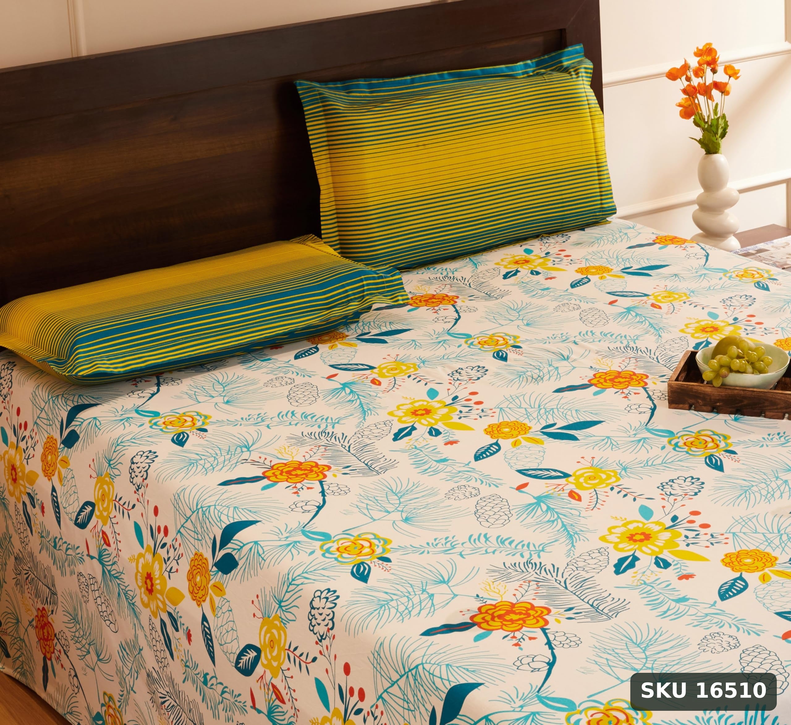 Amazon Brand - Solimo Unfold Comfort 144 TC 100% Cotton King Bedsheet with Two Pillow Covers, Soft and Smooth (Floral, Sea Green and Yellow) - SKU 16510