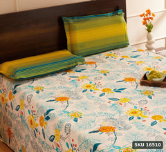 Amazon Brand - Solimo Unfold Comfort 144 TC 100% Cotton King Bedsheet with Two Pillow Covers, Soft and Smooth (Floral, Sea Green and Yellow) - SKU 16510