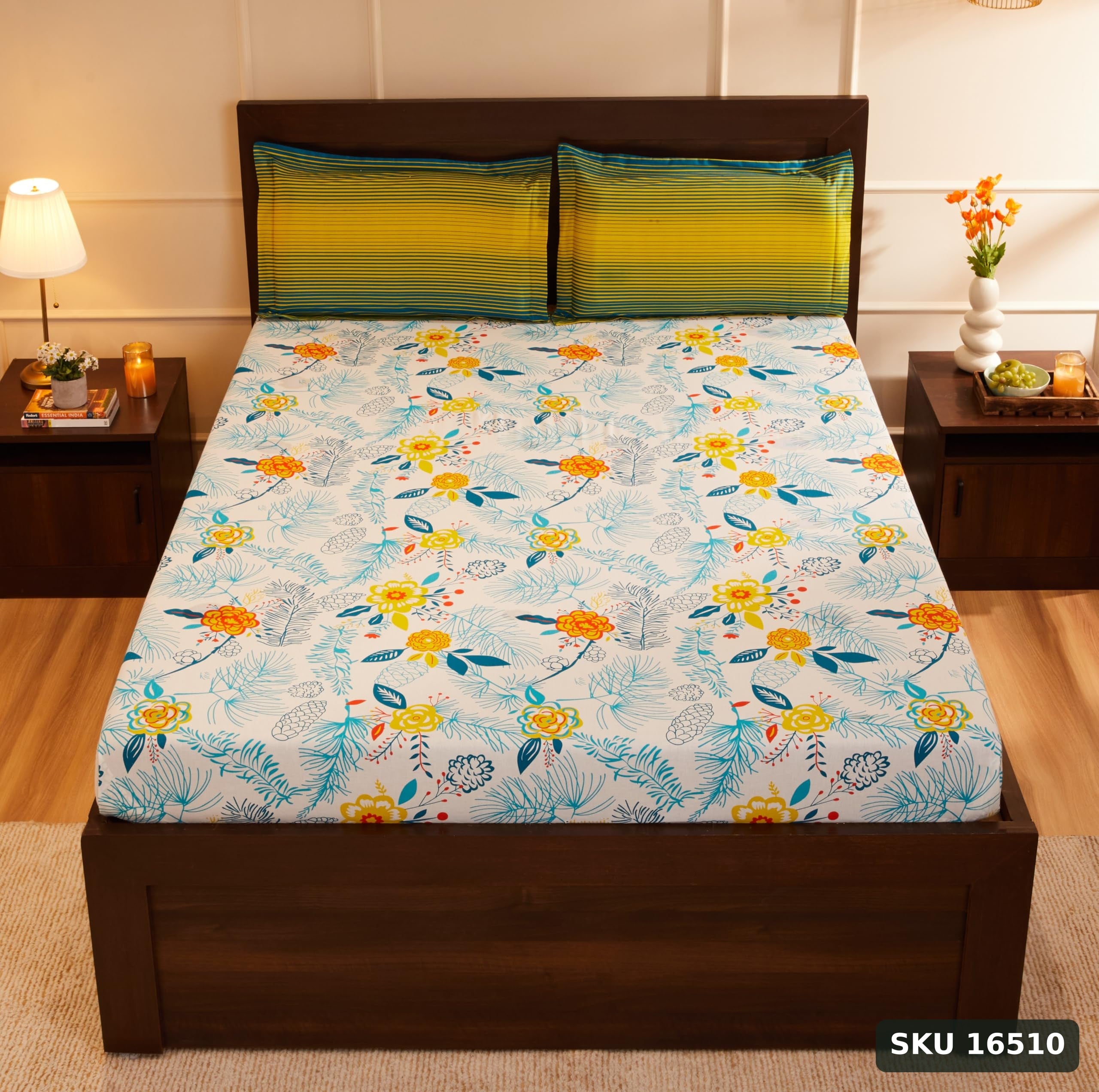Amazon Brand - Solimo Unfold Comfort 144 TC 100% Cotton King Bedsheet with Two Pillow Covers, Soft and Smooth (Floral, Sea Green and Yellow) - SKU 16510