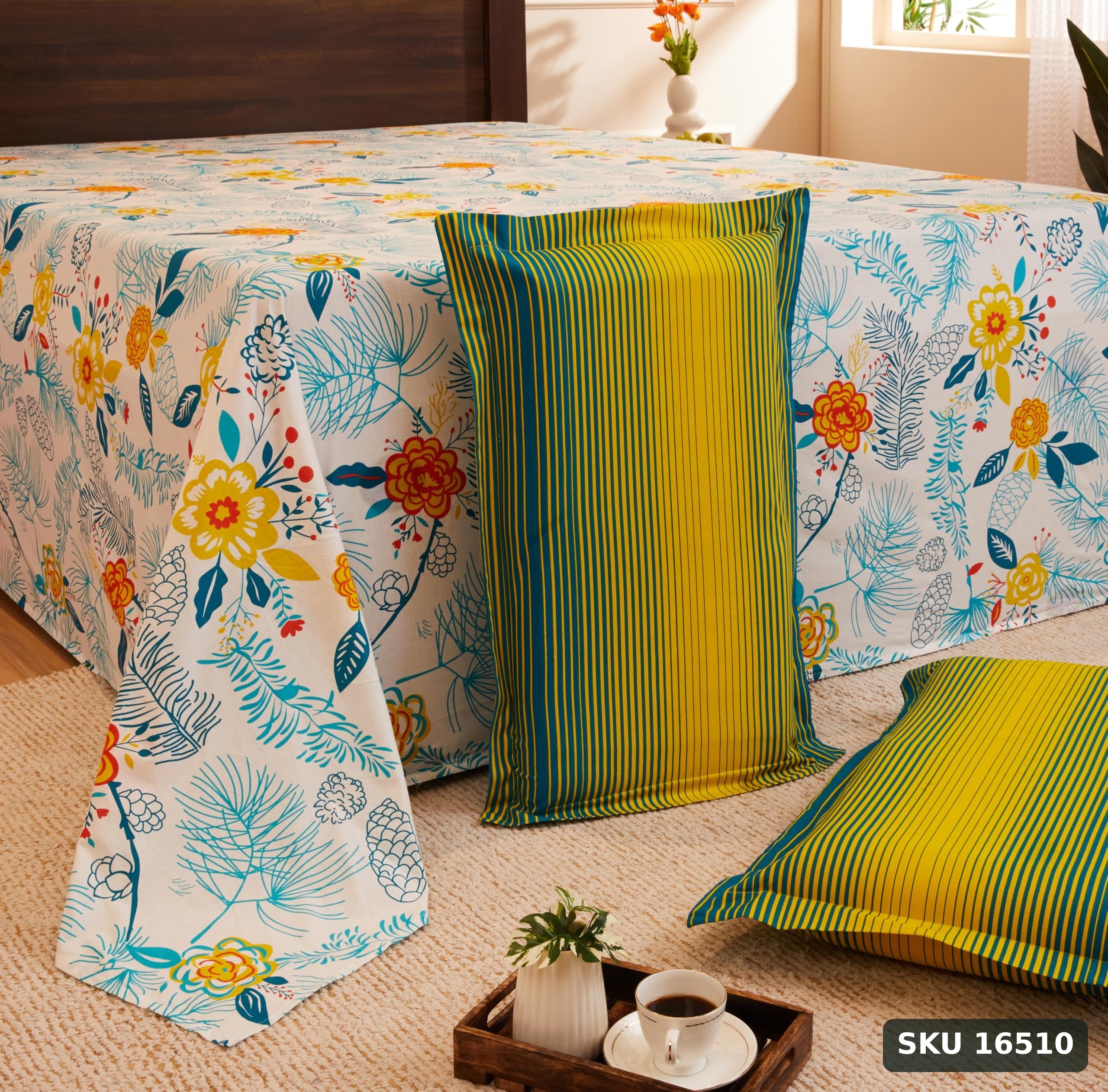 Amazon Brand - Solimo Unfold Comfort 144 TC 100% Cotton King Bedsheet with Two Pillow Covers, Soft and Smooth (Floral, Sea Green and Yellow) - SKU 16510
