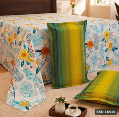 Amazon Brand - Solimo Unfold Comfort 144 TC 100% Cotton King Bedsheet with Two Pillow Covers, Soft and Smooth (Floral, Sea Green and Yellow) - SKU 16510