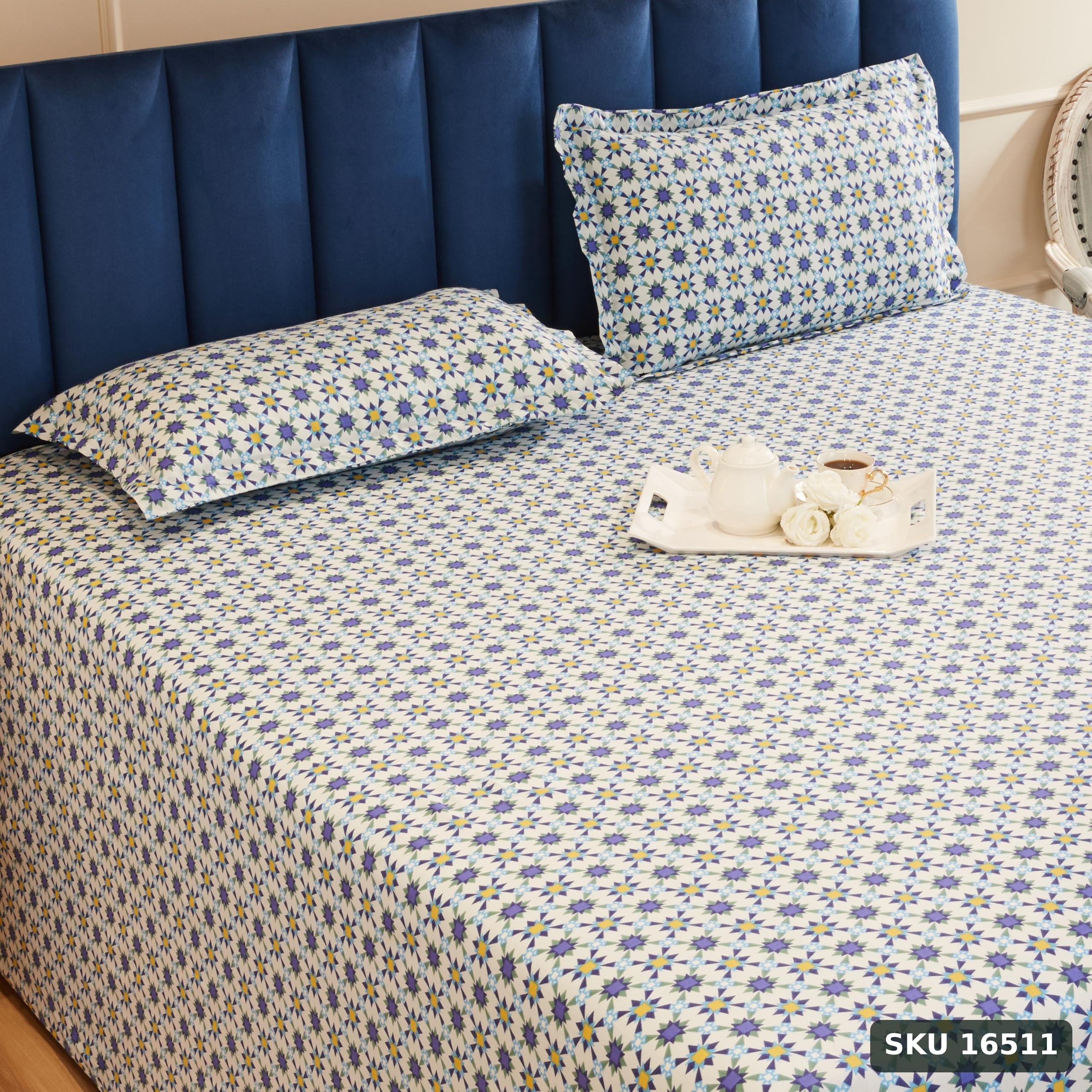 Amazon Brand - Solimo Pincheck Perfection 144 TC 100% Cotton King Size Bedsheet with 2 Pillow Covers, Dark Blue - SKU 16511