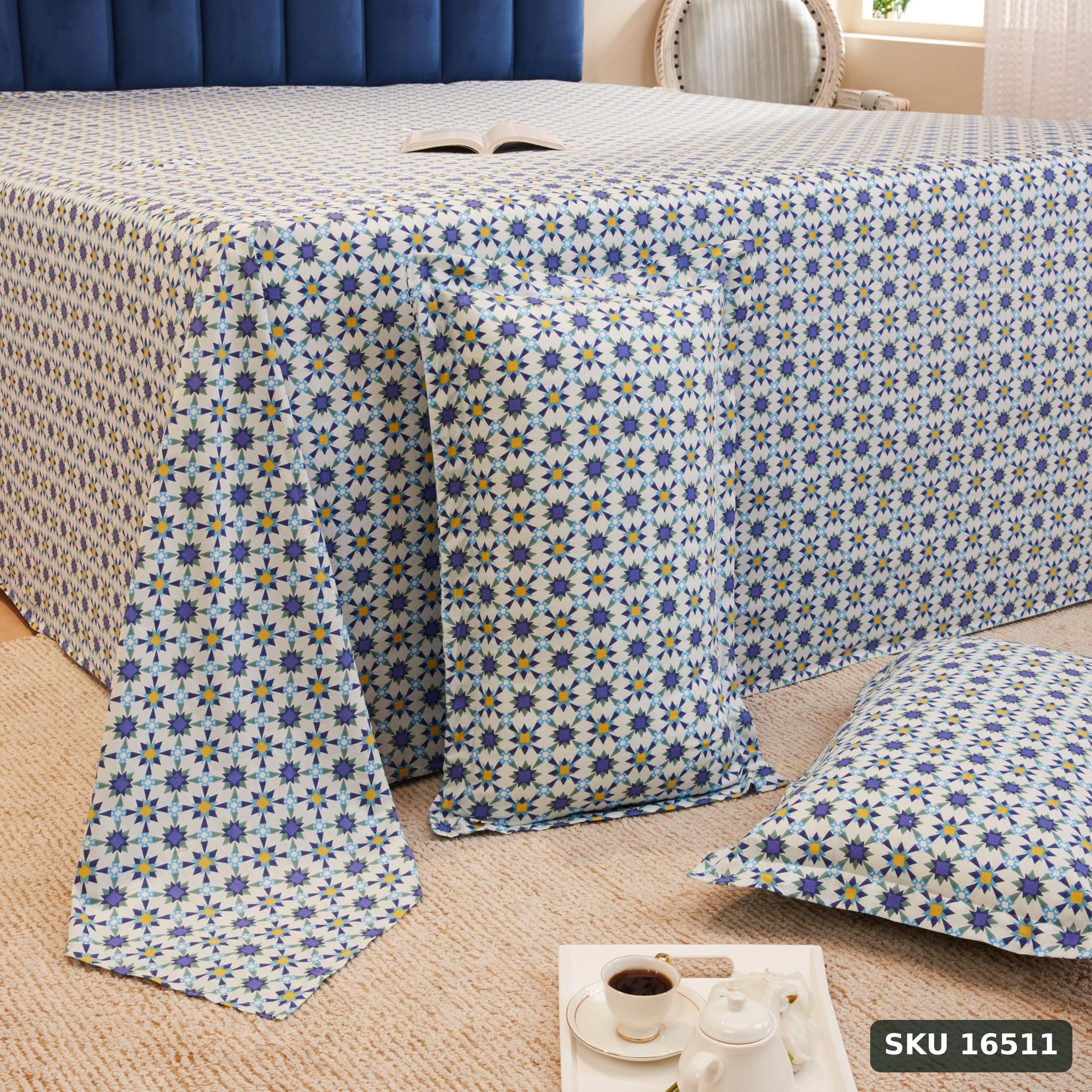 Amazon Brand - Solimo Pincheck Perfection 144 TC 100% Cotton King Size Bedsheet with 2 Pillow Covers, Dark Blue - SKU 16511