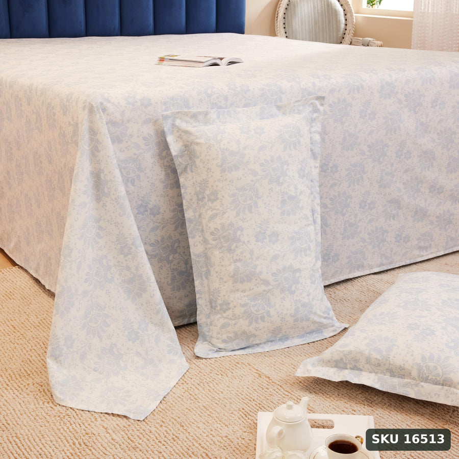 Yanchi Ditsy Turf 144 Tc 100% Cotton King Size Bedsheet with 2 Pillow Covers, White, Abstract - SKU 16513