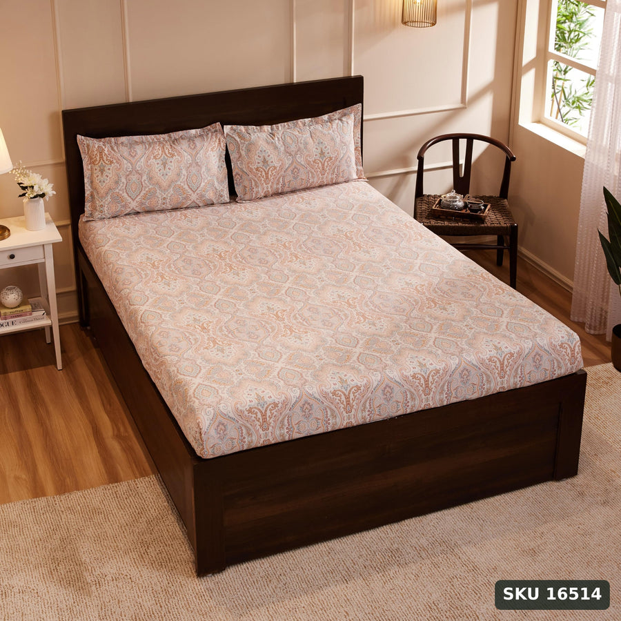 Yanchi Soothing Vista 144 Tc 100% Cotton King Size Bedsheet with 2 Pillow Covers, Cream, Abstract - SKU 16514