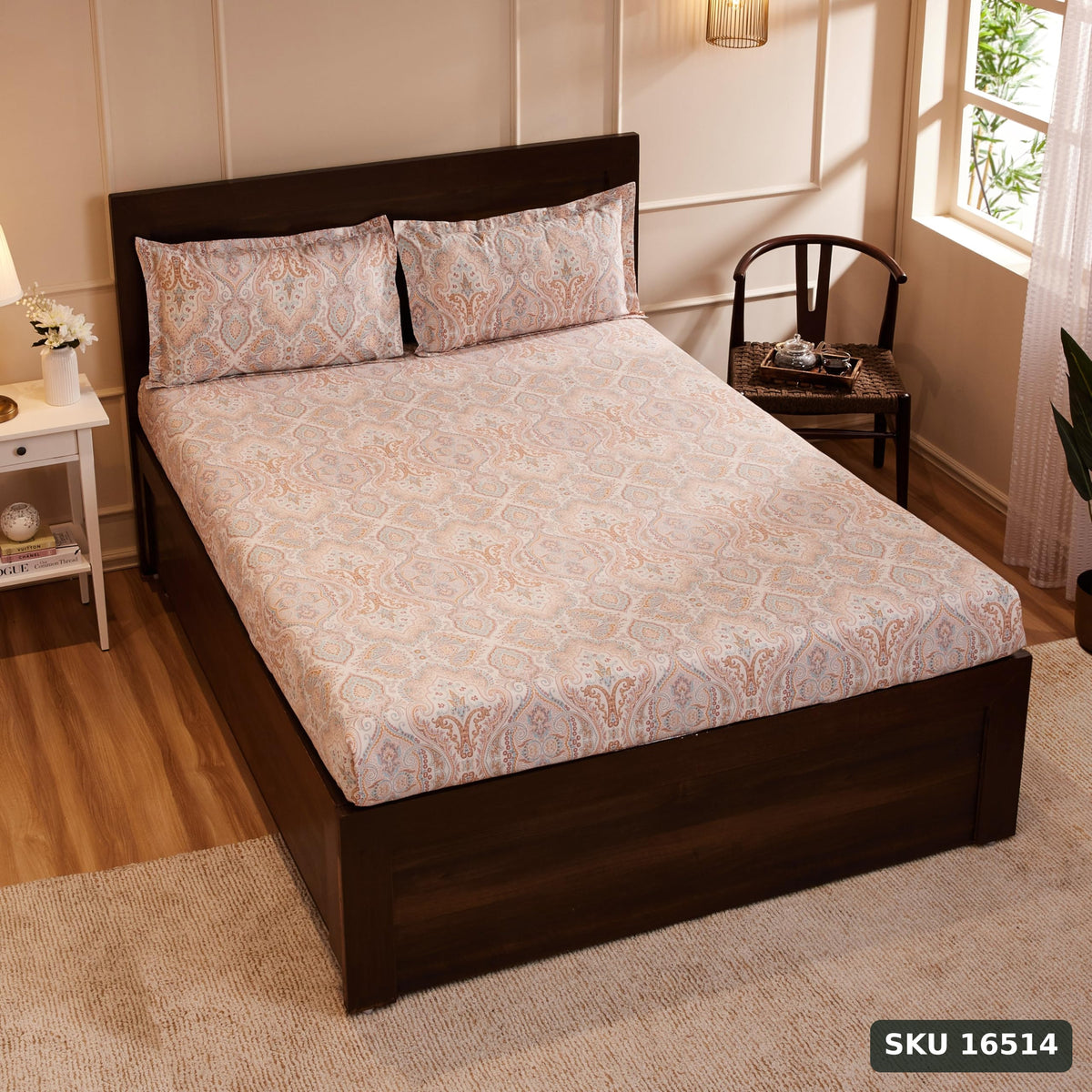 Yanchi Soothing Vista 144 Tc 100% Cotton King Size Bedsheet with 2 Pillow Covers, Cream, Abstract - SKU 16514