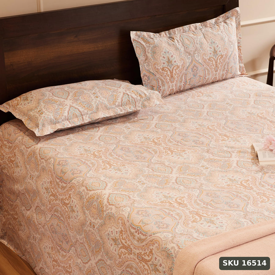 Yanchi Soothing Vista 144 Tc 100% Cotton King Size Bedsheet with 2 Pillow Covers, Cream, Abstract - SKU 16514