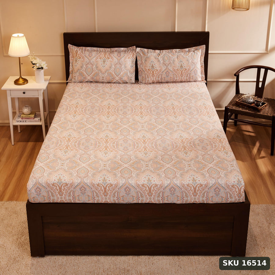 Yanchi Soothing Vista 144 Tc 100% Cotton King Size Bedsheet with 2 Pillow Covers, Cream, Abstract - SKU 16514