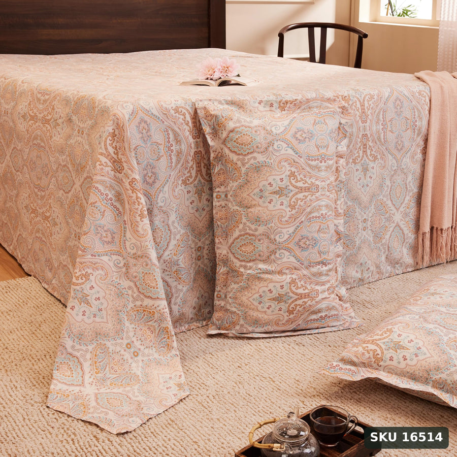 Yanchi Soothing Vista 144 Tc 100% Cotton King Size Bedsheet with 2 Pillow Covers, Cream, Abstract - SKU 16514