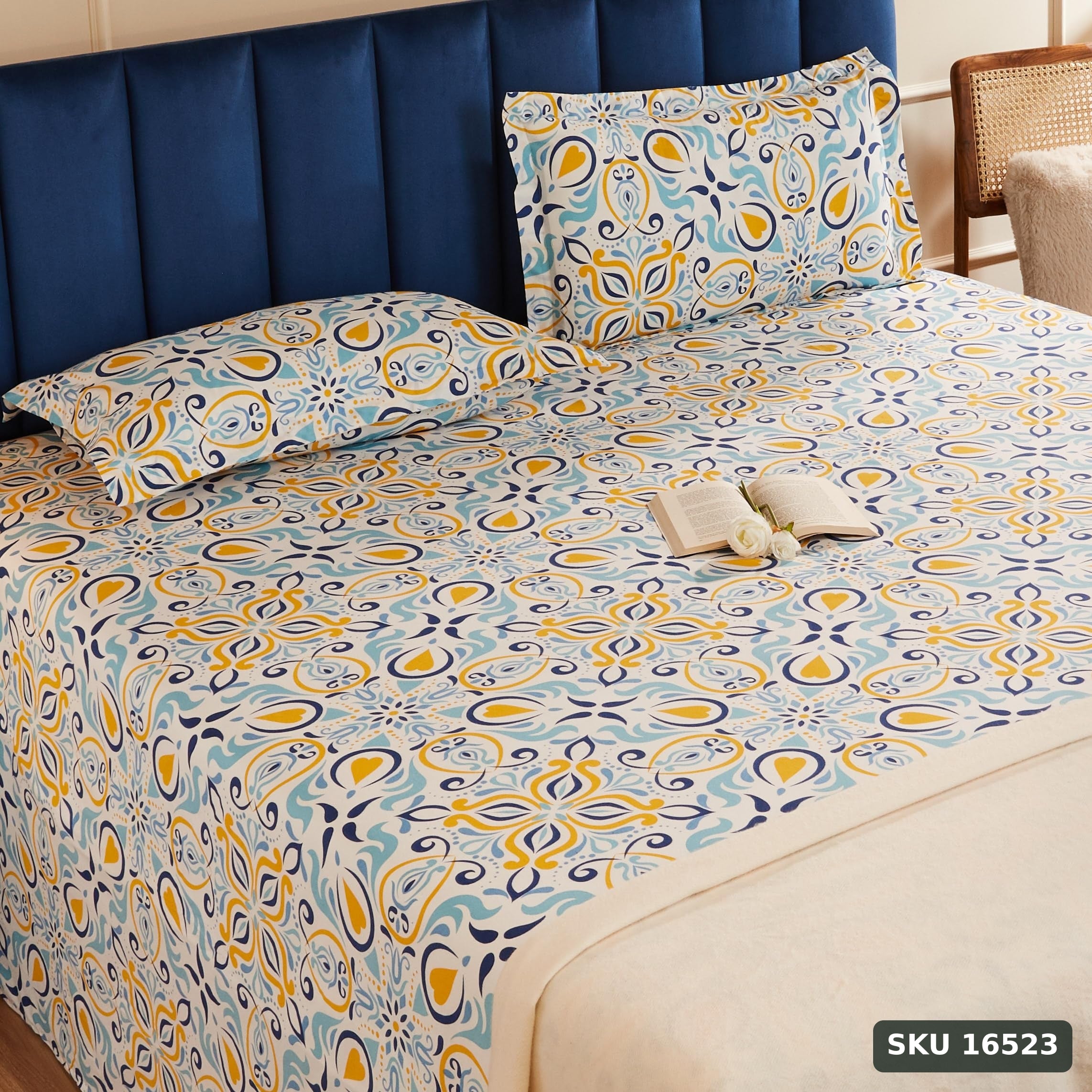 Yanchi Peacock Muster 144 Tc 100% Cotton Double Bedsheet with 2 Pillow Covers, Blue, Floral - SKU 16523