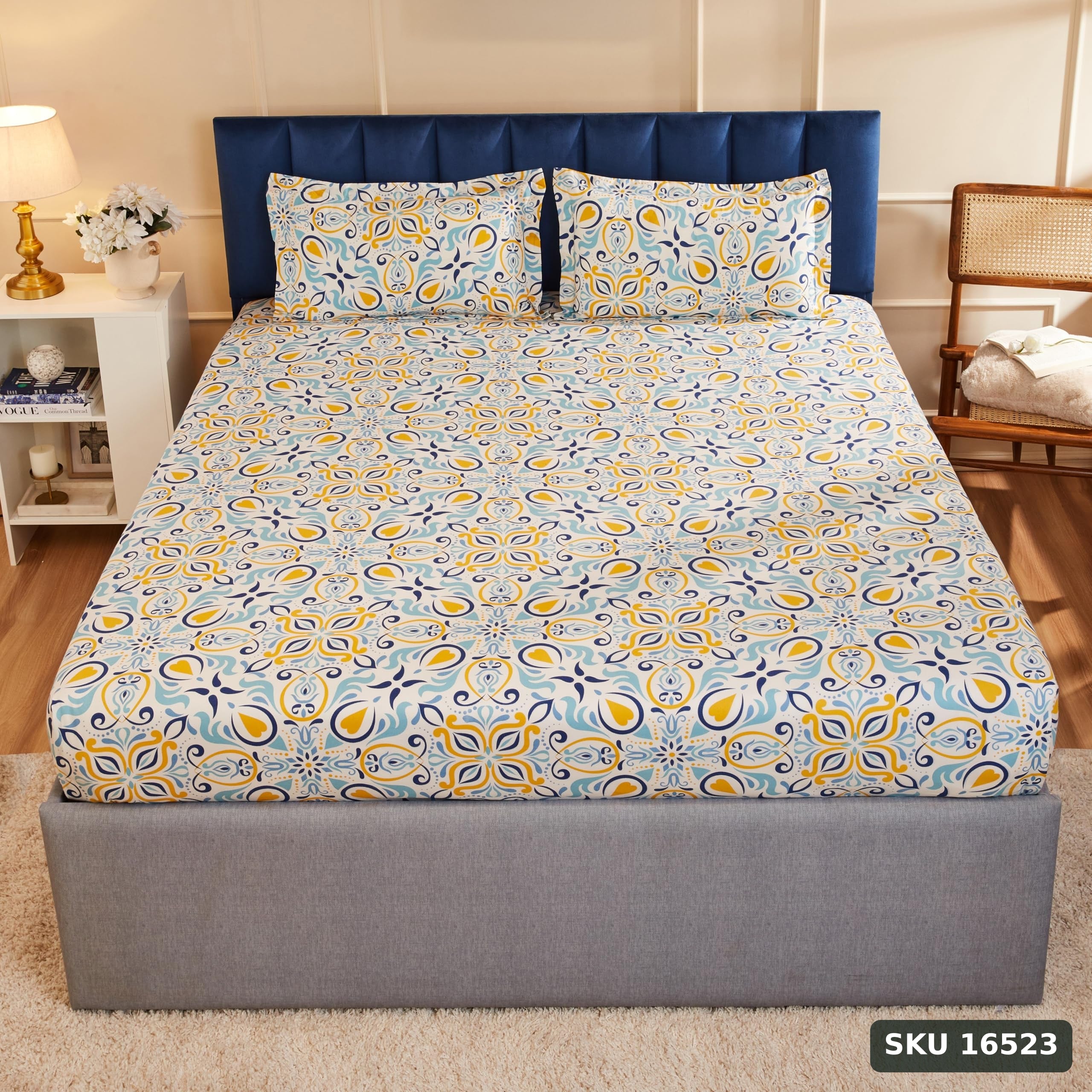 Yanchi Peacock Muster 144 Tc 100% Cotton Double Bedsheet with 2 Pillow Covers, Blue, Floral - SKU 16523