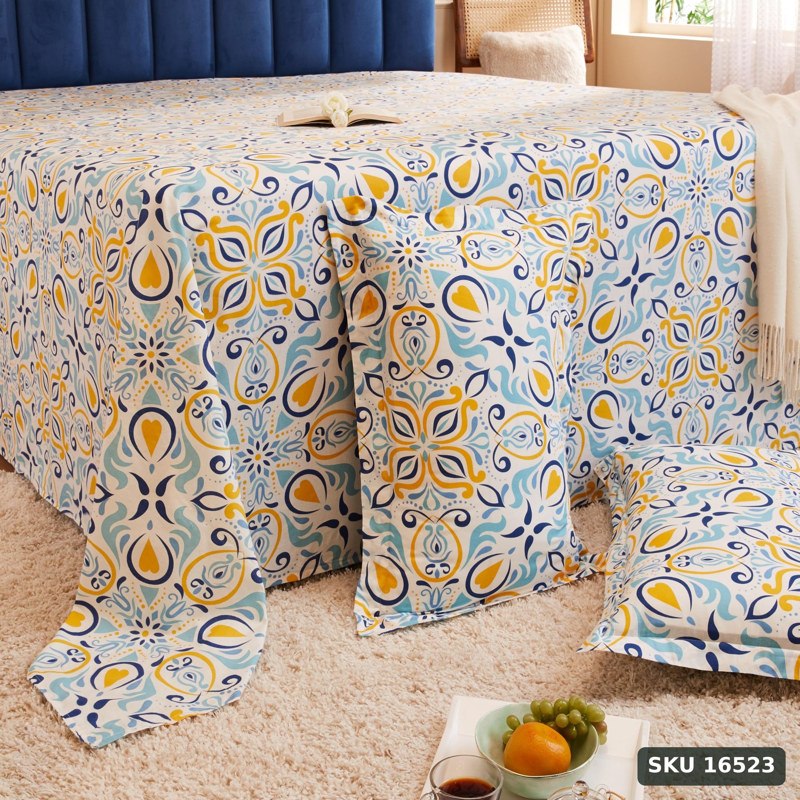 Yanchi Peacock Muster 144 Tc 100% Cotton Double Bedsheet with 2 Pillow Covers, Blue, Floral - SKU 16523