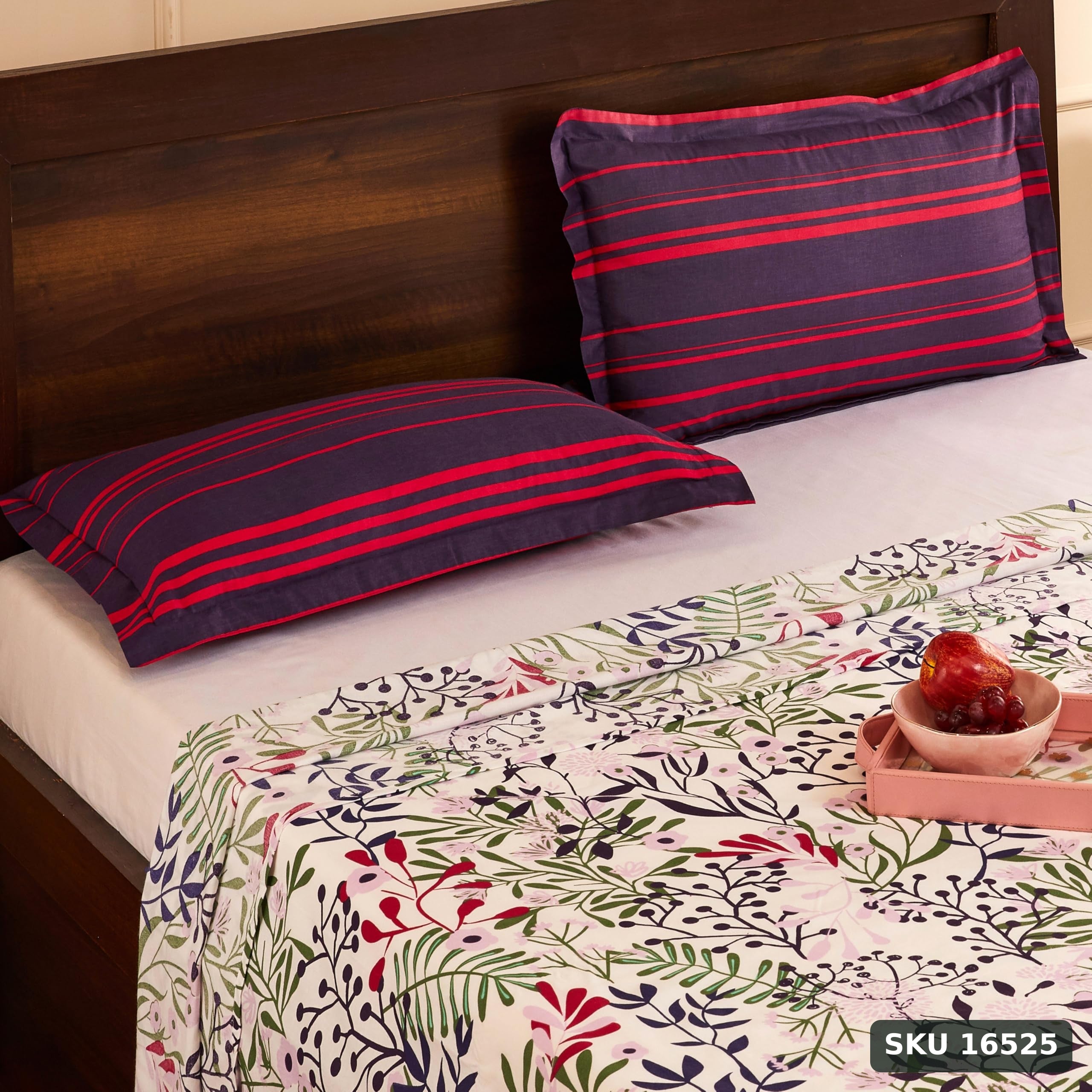 Yanchi Fresh Ferns 144 TC 100% Cotton Double Bedsheet with 2 Pillow Covers, Violet - SKU 16525