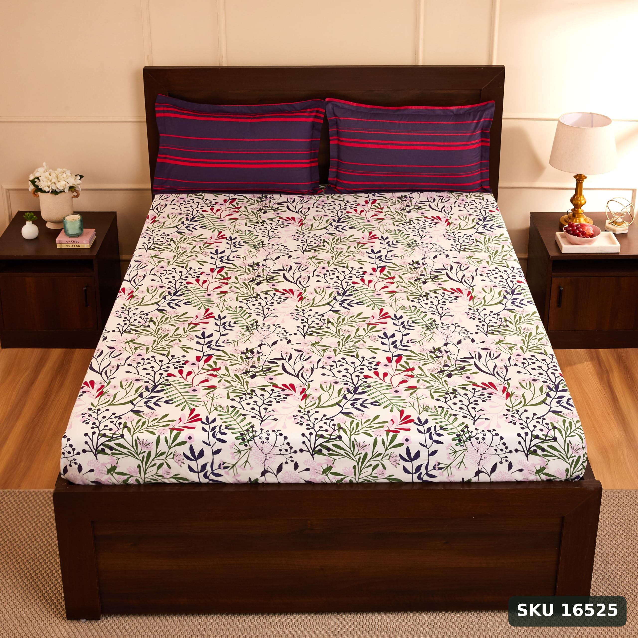 Yanchi Fresh Ferns 144 TC 100% Cotton Double Bedsheet with 2 Pillow Covers, Violet - SKU 16525