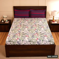 Yanchi Fresh Ferns 144 TC 100% Cotton Double Bedsheet with 2 Pillow Covers, Violet - SKU 16525