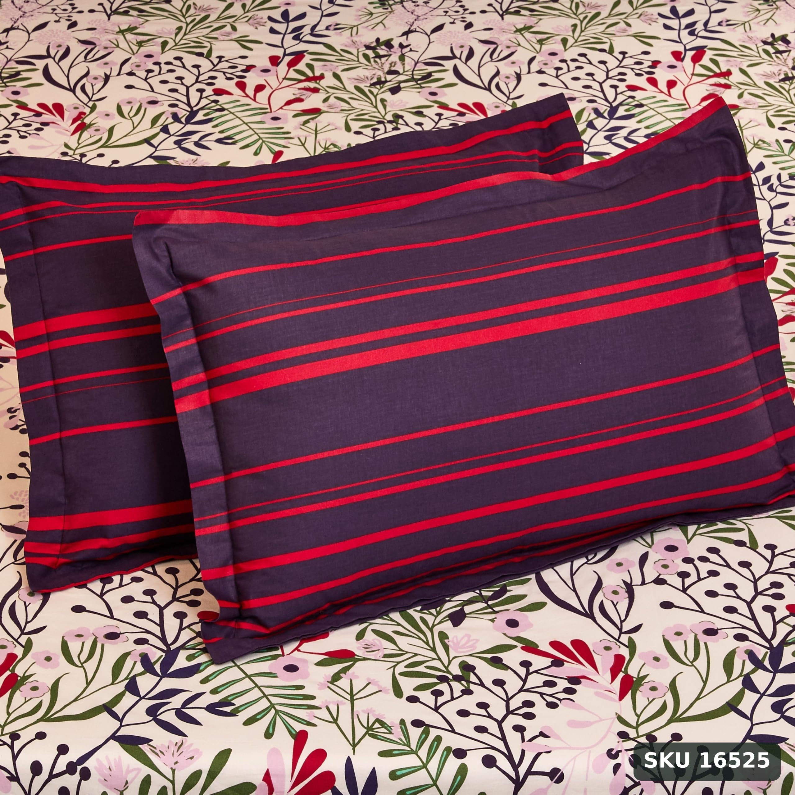 Yanchi Fresh Ferns 144 TC 100% Cotton Double Bedsheet with 2 Pillow Covers, Violet - SKU 16525