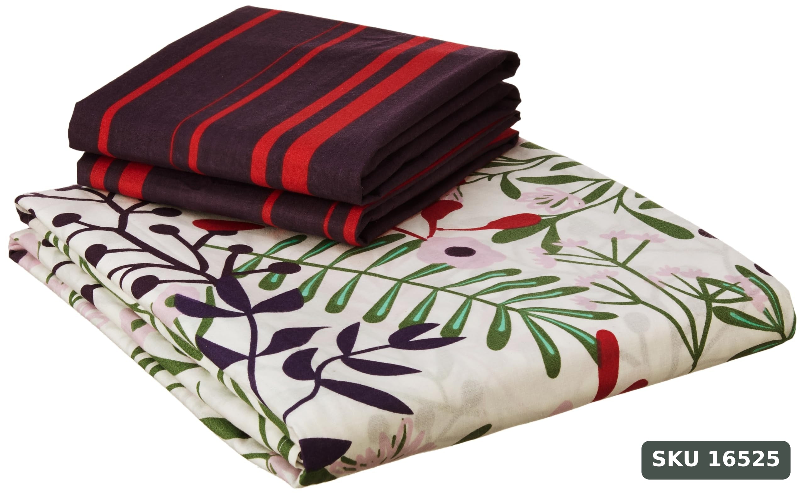 Yanchi Fresh Ferns 144 TC 100% Cotton Double Bedsheet with 2 Pillow Covers, Violet - SKU 16525
