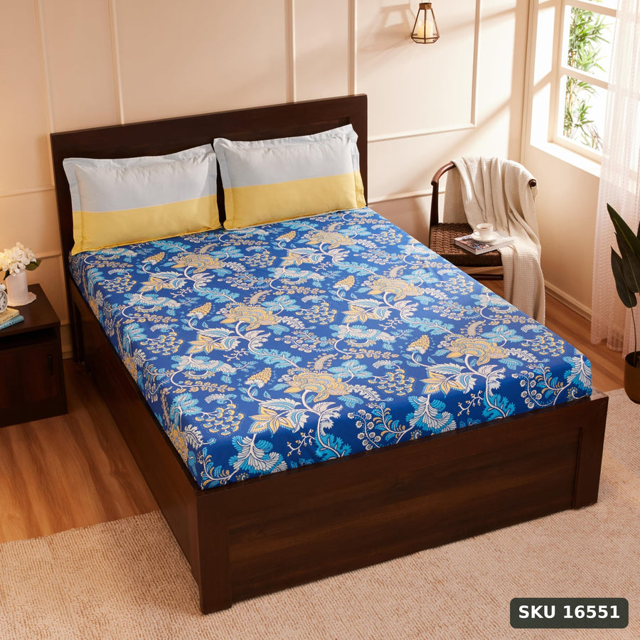 Yanchi Floral Foliage 144 TC 100% Cotton Double Bedsheet with 2 Pillow Covers, Navy Blue - SKU 16551