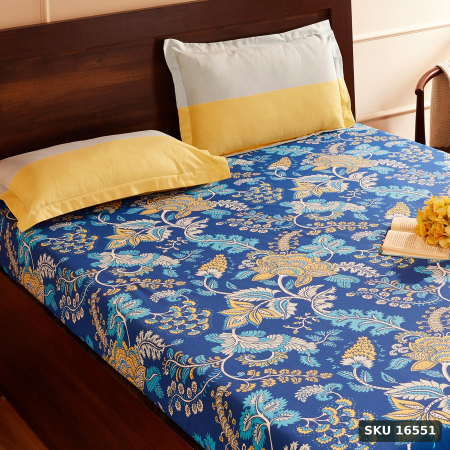 Yanchi Floral Foliage 144 TC 100% Cotton Double Bedsheet with 2 Pillow Covers, Navy Blue - SKU 16551