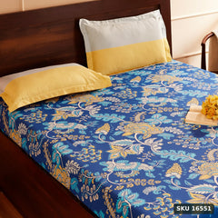 Yanchi Floral Foliage 144 TC 100% Cotton Double Bedsheet with 2 Pillow Covers, Navy Blue - SKU 16551