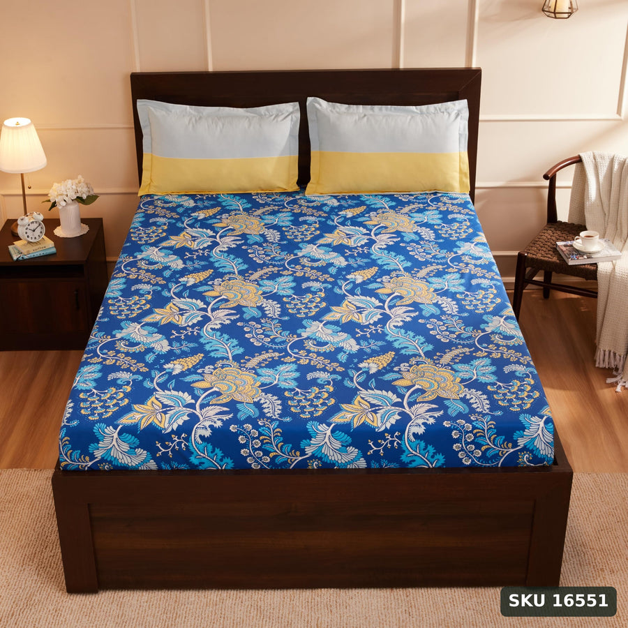 Yanchi Floral Foliage 144 TC 100% Cotton Double Bedsheet with 2 Pillow Covers, Navy Blue - SKU 16551