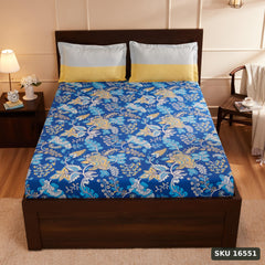 Yanchi Floral Foliage 144 TC 100% Cotton Double Bedsheet with 2 Pillow Covers, Navy Blue - SKU 16551