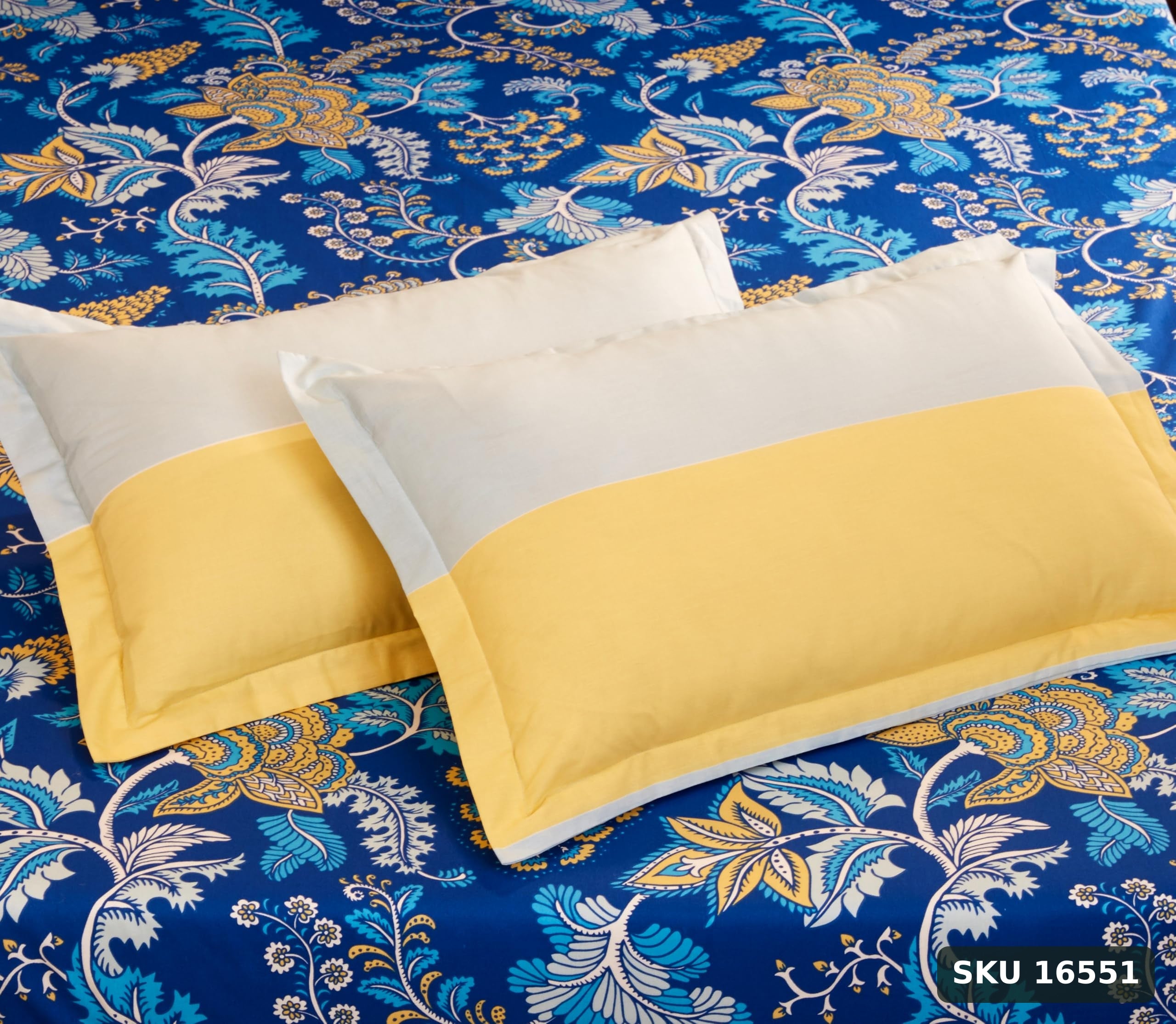 Yanchi Floral Foliage 144 TC 100% Cotton Double Bedsheet with 2 Pillow Covers, Navy Blue - SKU 16551