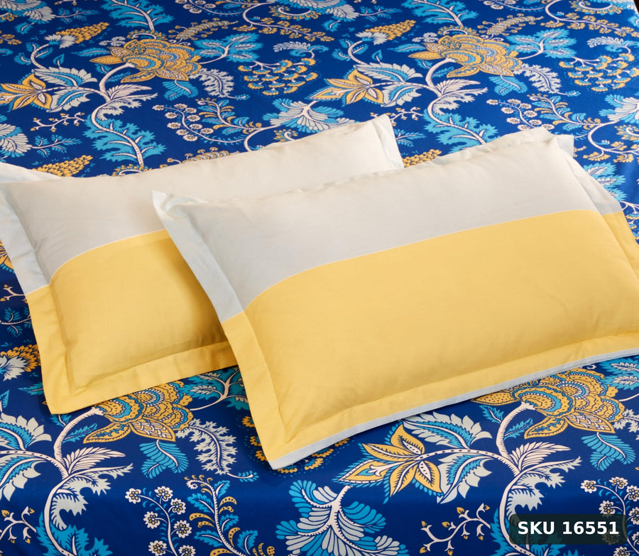 Yanchi Floral Foliage 144 TC 100% Cotton Double Bedsheet with 2 Pillow Covers, Navy Blue - SKU 16551